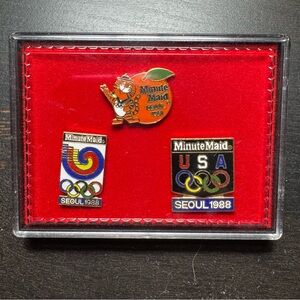 Vintage Minute Maid Seoul Korea 1988 Olympics Enamel Pins Lot of 3 with Case